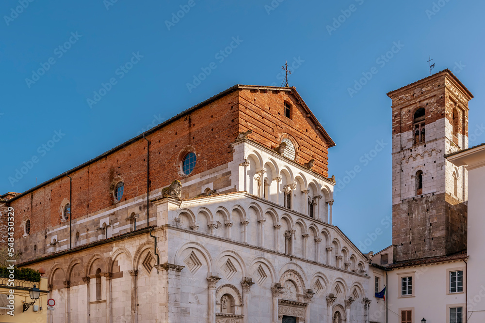 The Church of Santa Maria Forisportam in the historic center of Lucca, Italy, on a sunny day