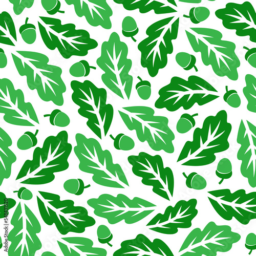 Seamless pattern with oak leaves and acorns on a white background.