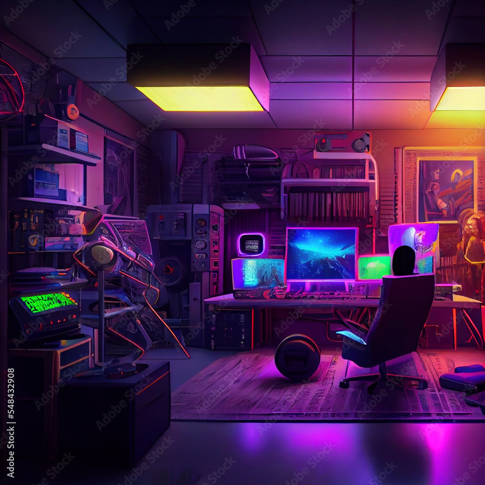 Cyberpunk gaming room with flat screen and neon lights Stock ...