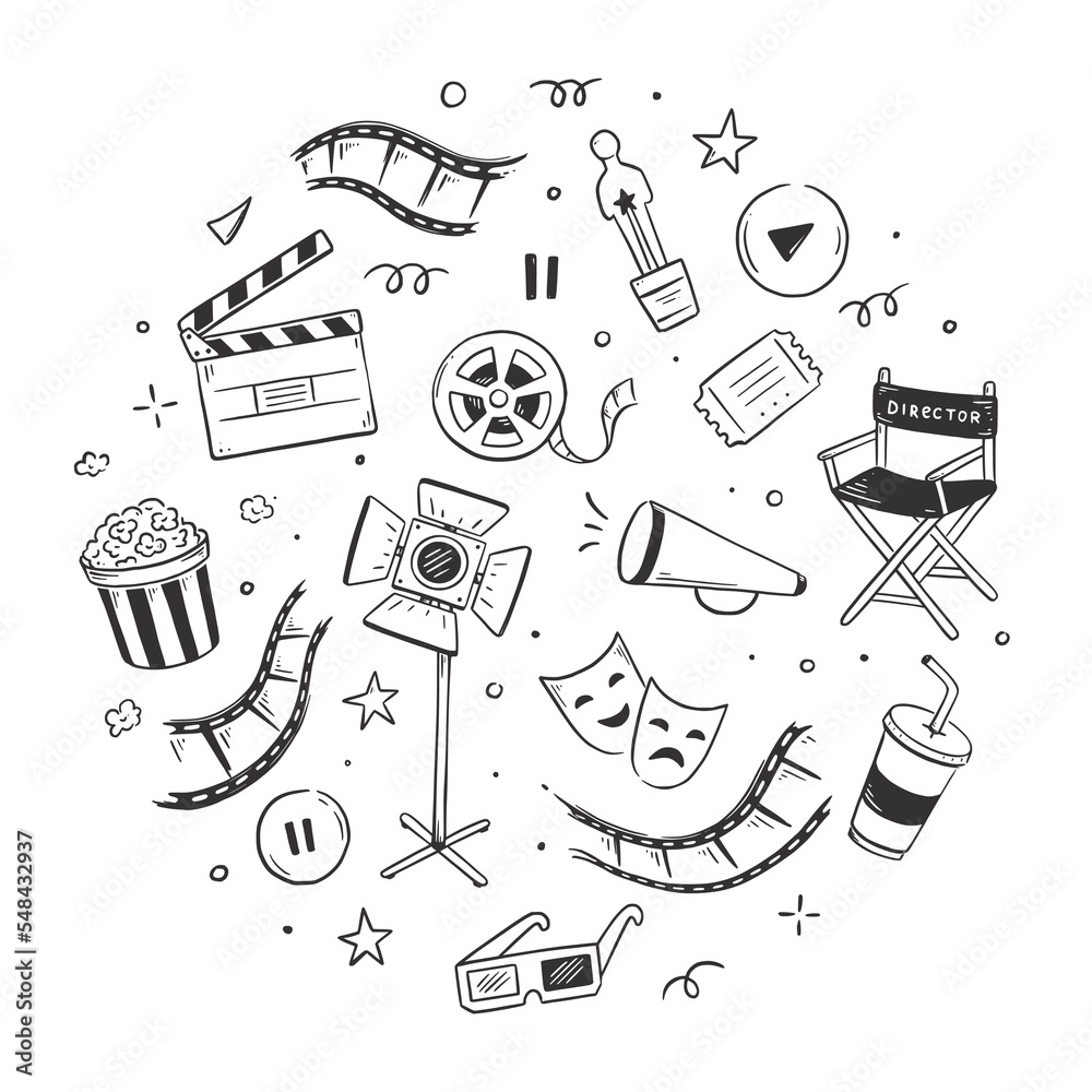 Fundo Plano De Cinema Abstrato Com Carretel, Bilhete Estilo Antigo, Grande  Milho Pop E Ícones De Símbolo De Clapper. Royalty Free SVG, Cliparts,  Vetores, e Ilustrações Stock. Image 66008913