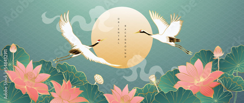 Luxury gold oriental style background vector. Chinese and Japanese wallpaper pattern design of elegant crane birds and lotus flowers with gradient gold line texture. Design for decoration, wall decor.