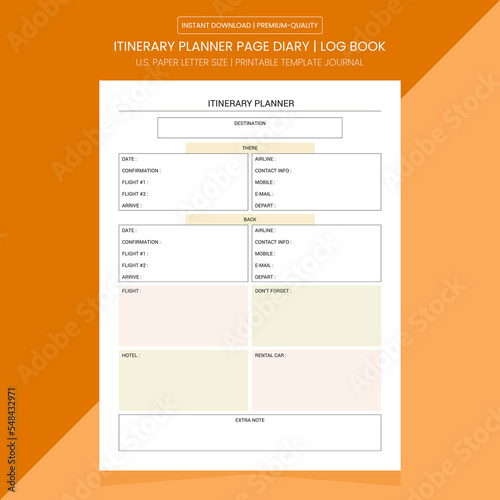 Itinerary Planner Page | Itinerary Planner Log Book | Itinerary Diary Journal | Notebook Printable Template