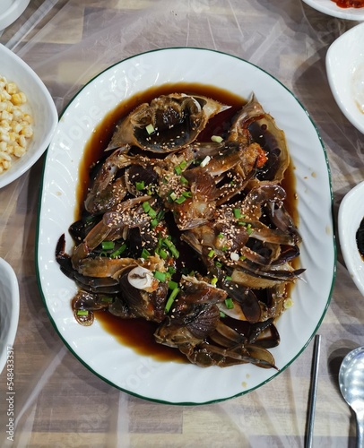 Ganjang gejang or raw crab marinated in soy sauce in Korean cuisine photo