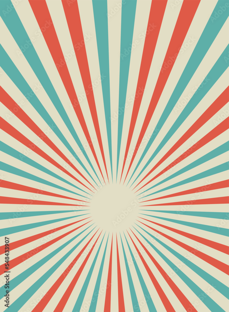 Sunlight retro narrow vertical background. Pale red, blue, beige color burst background. Fantasy Vector illustration. Magic Sun beam ray pattern background. Old paper starburst. Circus style