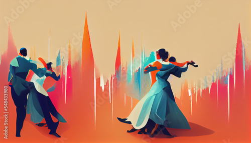 Abstraction. Two dancing couples on a yellow-pink background.