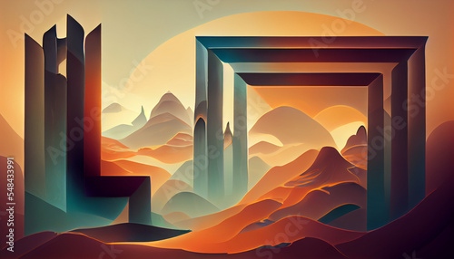 Fantastic landscape in beige and brown tone. Structures: a frame and a pillar in gray-brown. 