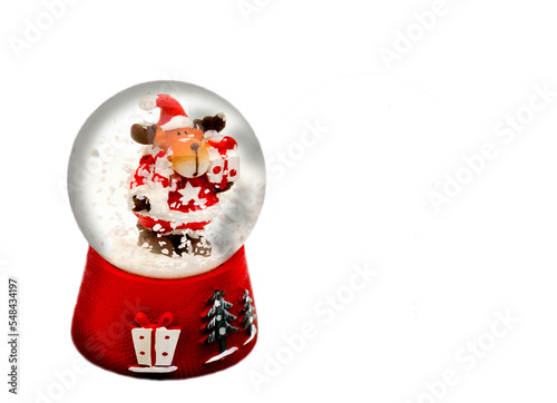 Decorative Christmas sphere with Rudolph as Santa Claus and moving snowflakes inside, isolated in white background