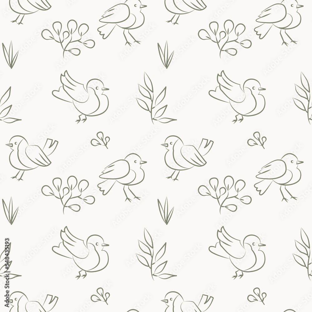 Seamless bird theme pattern in line art. Vintage style.Texture for fabric, textile, wallpaper, scrapbooking.