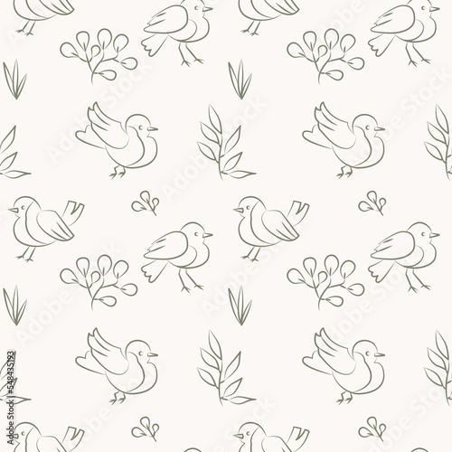 Seamless bird theme pattern in line art. Vintage style.Texture for fabric  textile  wallpaper  scrapbooking.