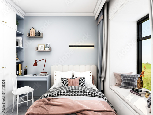 3D rendering  clean and tidy Nordic style bedroom design