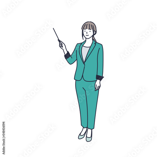 差し棒を持って説明するスーツ姿の女のイラスト素材｜mayucolor08