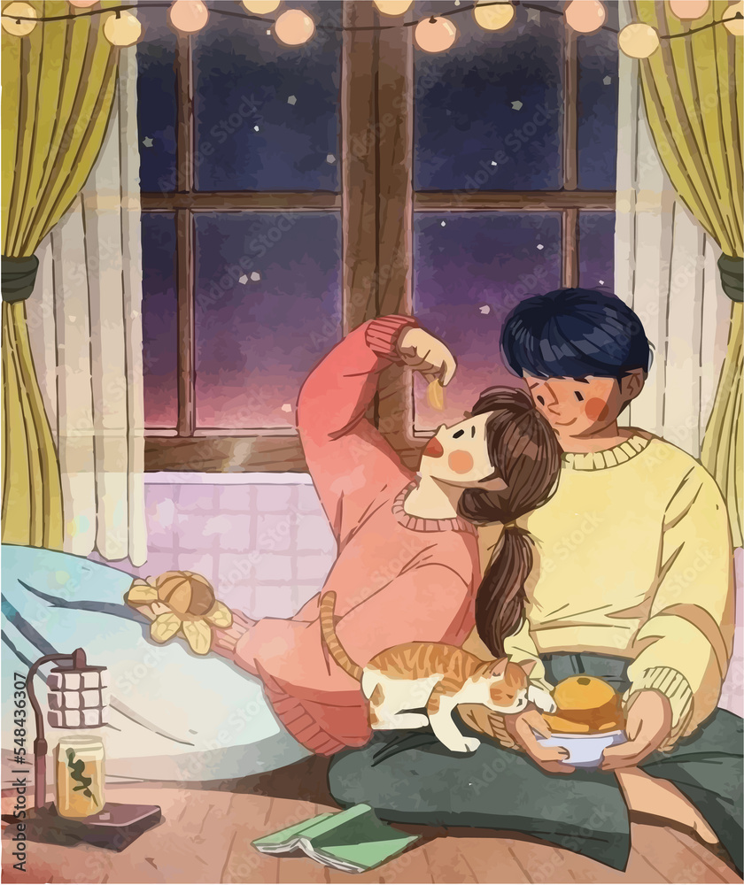 lovely anime couple digital art, illustration Иллюстрация Stock | Adobe  Stock