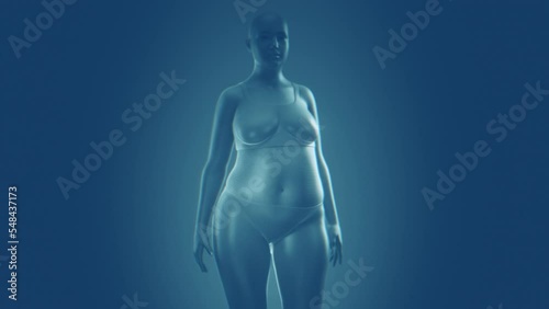 Woman gaining weight, rotating camera. 3d animation, 4k, blue background.