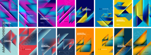 Set of abstract geometric posters. Triangle composition backgrounds. Collection of covers, templates, flyers, placards, brochures, banners