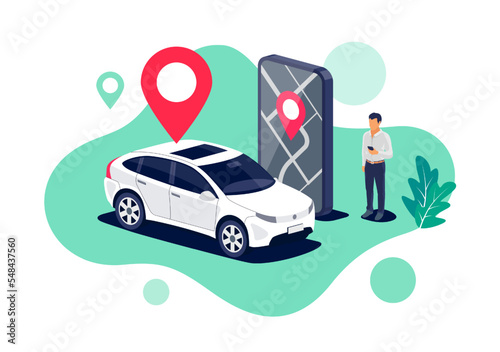 Vector illustration of autonomous online car sharing service controlled via smartphone app. Phone with location mark and modern automobile. Isolated connected vehicle remote data monitoring parking.