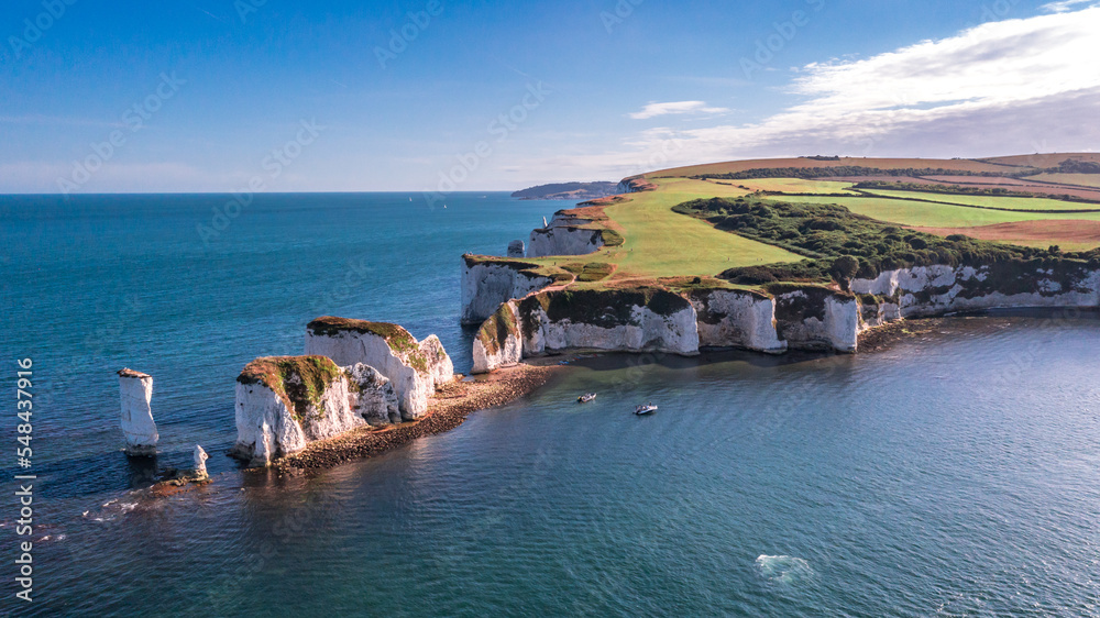 Aerial view with Old Harry Rocks, the beautiful coastline and cliffs on South England, UK