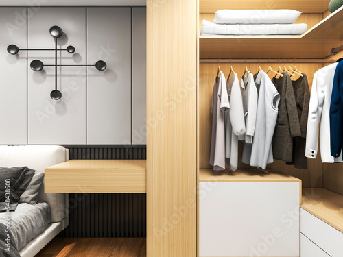 Fototapeta 3D rendering, wardrobe and dresser design in the cloakroom