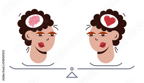 Brain heart balance. Two pretty heads standing on the scales.