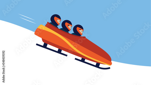 A team of three people go down on a sled in a bobsleigh