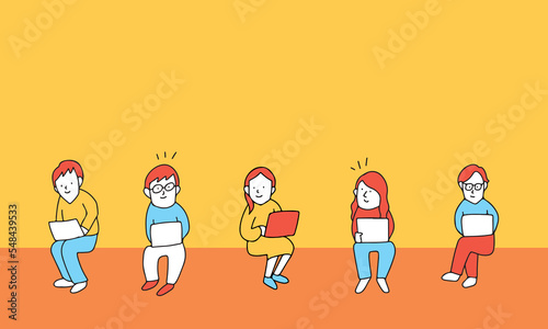 座ってノートパソコンを使っている若者たちのイラストフレーム