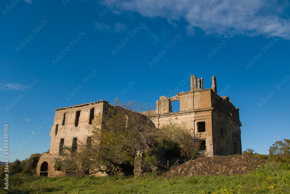 View of the ruins of church in monastery of San Bonaventure in Monterano Natural Preserve, Lazio in Italy