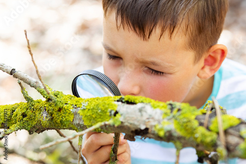 Valokuva Curious boy is exploring nature with magnifying glass outdoors