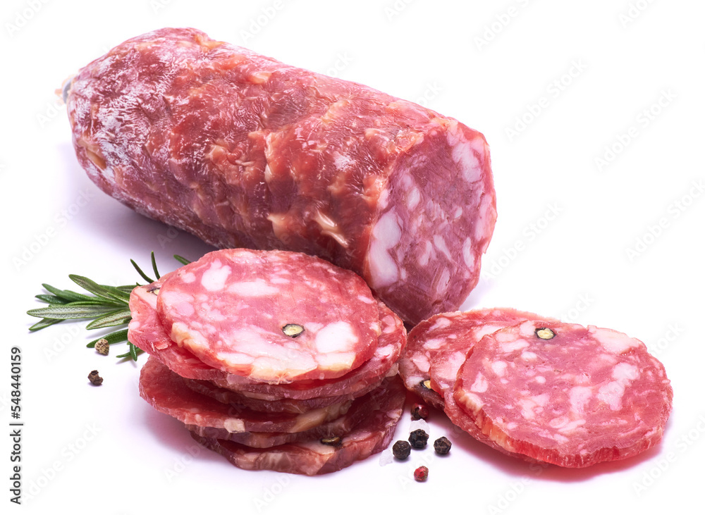 Sliced Smoked dry Salami sausage isolated on white background Sliced Smoked dry Salami sausage isolated on white background