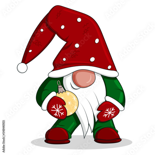 Cute smiling dwarf holding Christmas ball. Cartoon vector character isolated illustration in flat style. Traditional red green christmas colors.