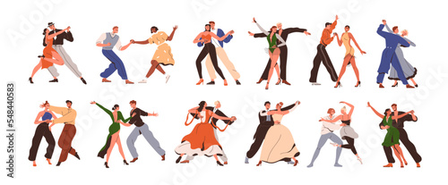 Couple dances set. Dancers in pairs  men and women partners  duets performing tango  bachata  waltz  lindy hop  rumba  samba styles to music. Flat vector illustrations isolated on white background