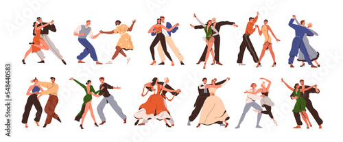 Couple dances set. Dancers in pairs, men and women partners, duets performing tango, bachata, waltz, lindy hop, rumba, samba styles to music. Flat vector illustrations isolated on white background