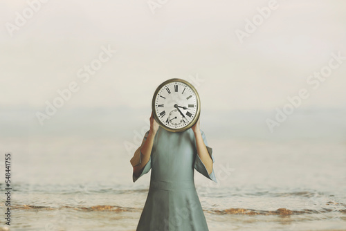 Canvastavla surreal woman with clock in place of face checks time pass