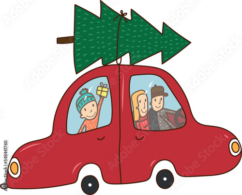 Family in the car transporting the christmas tree
