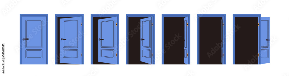 Door opening and closing set, stages sequence for animation. Doorway, entrance with doorknob locked, unlocked, ajar. Entry, exit in doorframe. Flat vector illustration isolated on white background - obrazy, fototapety, plakaty 