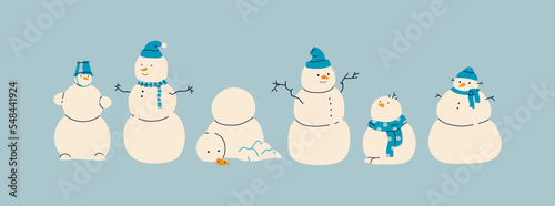 Various snowman characters shapes. Winter outdoor activities for kids or family. Snow sculpture decorating with hat, scarf, brunches as arms and carrot as nose. Cartoon vector items are isolated. 