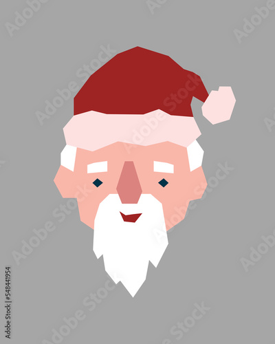 Santas head is in a red hat. Portrait of a winter holiday character. A stylized depiction of a face with a white beard.