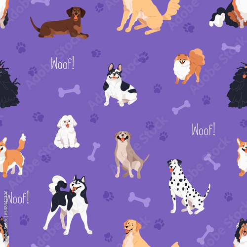 Cute dogs pattern. Seamless canine animal background  texture. Funny happy doggies pets  puppies breeds  repeating print design for textile  wrapping  wallpaper. Colored flat vector illustration