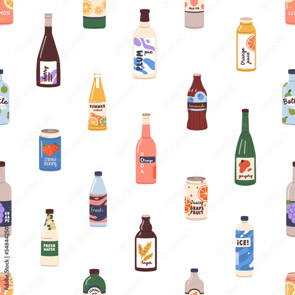 Drinks seamless pattern. Soda, juice in glass bottles, cans, endless background. Repeating print with cold summer beverages, lemonades. Colored flat vector illustration for fabric, wrapping, decor Drinks seamless pattern. Soda, juice in glass bottles, cans, endless background. Repeating print with cold summer beverages, lemonades. Colored flat vector illustration for fabric, wrapping, decor