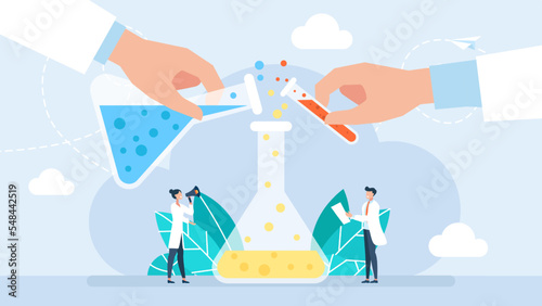 Laboratory concept. Scientists pharmaceutical tests. Medicine, pharmacy, medical research. Scientists working at science lab. Equipment and lab glassware. Scientific research. Vector illustration