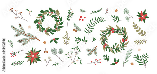 Fir branches, wreaths, leaf, Christmas decoration. Xmas floral design elements set. Tree twigs, leaves, berries, flowers, natural decor. Flat graphic vector illustrations isolated on white background