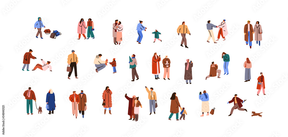 Characters in winter set. Happy people walking on streets at wintertime, Christmas holiday. Families, children outdoors in cold weather. Flat graphic vector illustration isolated on white background