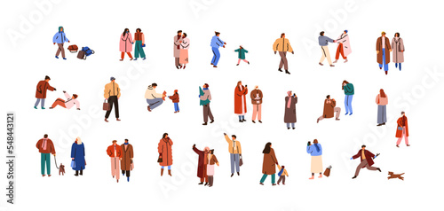 Characters in winter set. Happy people walking on streets at wintertime, Christmas holiday. Families, children outdoors in cold weather. Flat graphic vector illustration isolated on white background