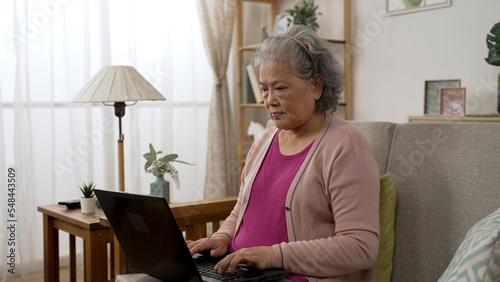 portrait of an asian elderly lady working from home on the laptop with concentration in the living room at home