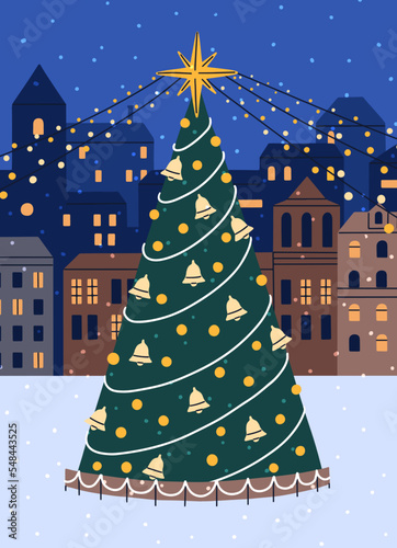 Christmas tree on snow street in winter. Decorated holiday fir on old town sq...