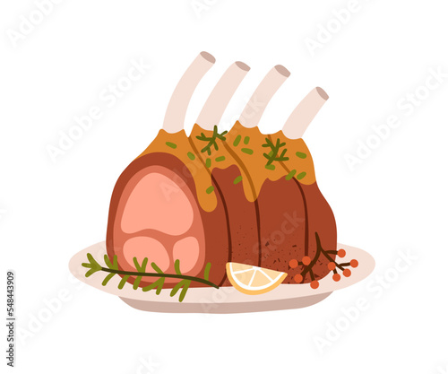 Grilled meat, roasted lamb ribs. Cooked food, festive Christmas dish served on plate with sauce and thyme. Traditional holiday meal for dinner. Flat vector illustration isolated on white background