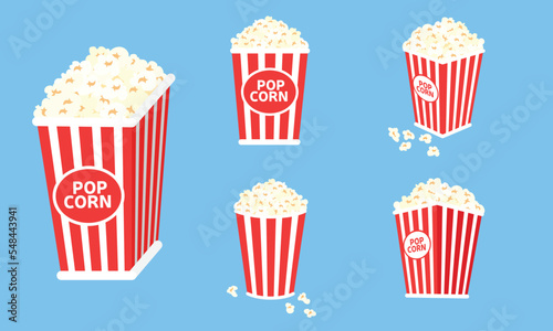 Set of box with popcorn. Red pack with popcorn for cinema or movie. Vector illustration.