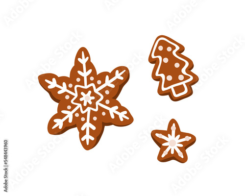 Christmas gingerbread, holiday cookies. Xmas ginger bread, biscuits coated with sugar icing, sweet glaze. Festive traditional bakery, dessert. Flat vector illustration isolated on white background