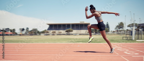Fototapeta Naklejka Na Ścianę i Meble -  Run, black woman and running on track for marathon, fitness and workout for wellness, health and practice. Female athlete, healthy girl and runner for game, sprint or exercise for training or balance