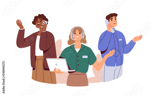 Work calls, business communication concept. Assistants, remote consultants, operators at helpdesk, customer support center, speaking with clients. Flat vector illustration isolated on white background