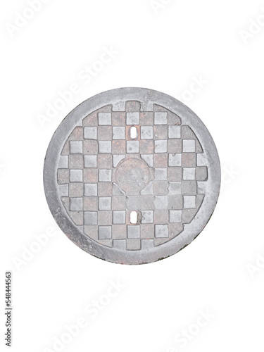 Old worn cast iron manhole cover isolated on white background, top view. © Dmytro