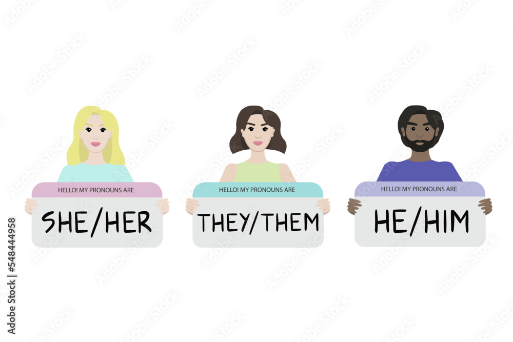 Gender pronouns. People holding sign with pronoun. Vector illustration